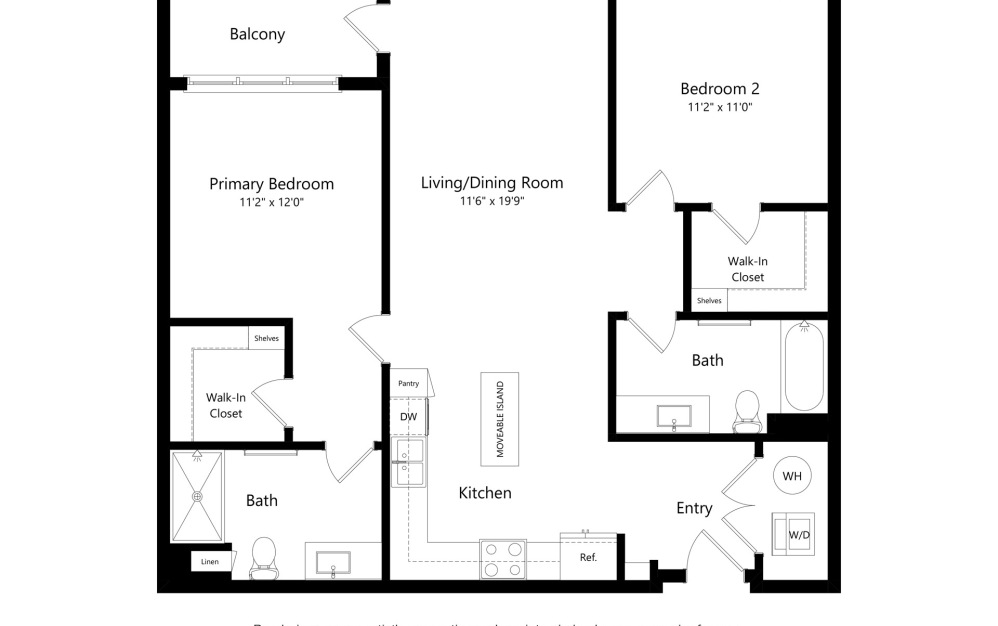 2A - 2 bedroom floorplan layout with 2 baths and 1108 square feet.