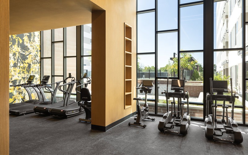 Fitness center with free weights, treadmills and ellipticals.